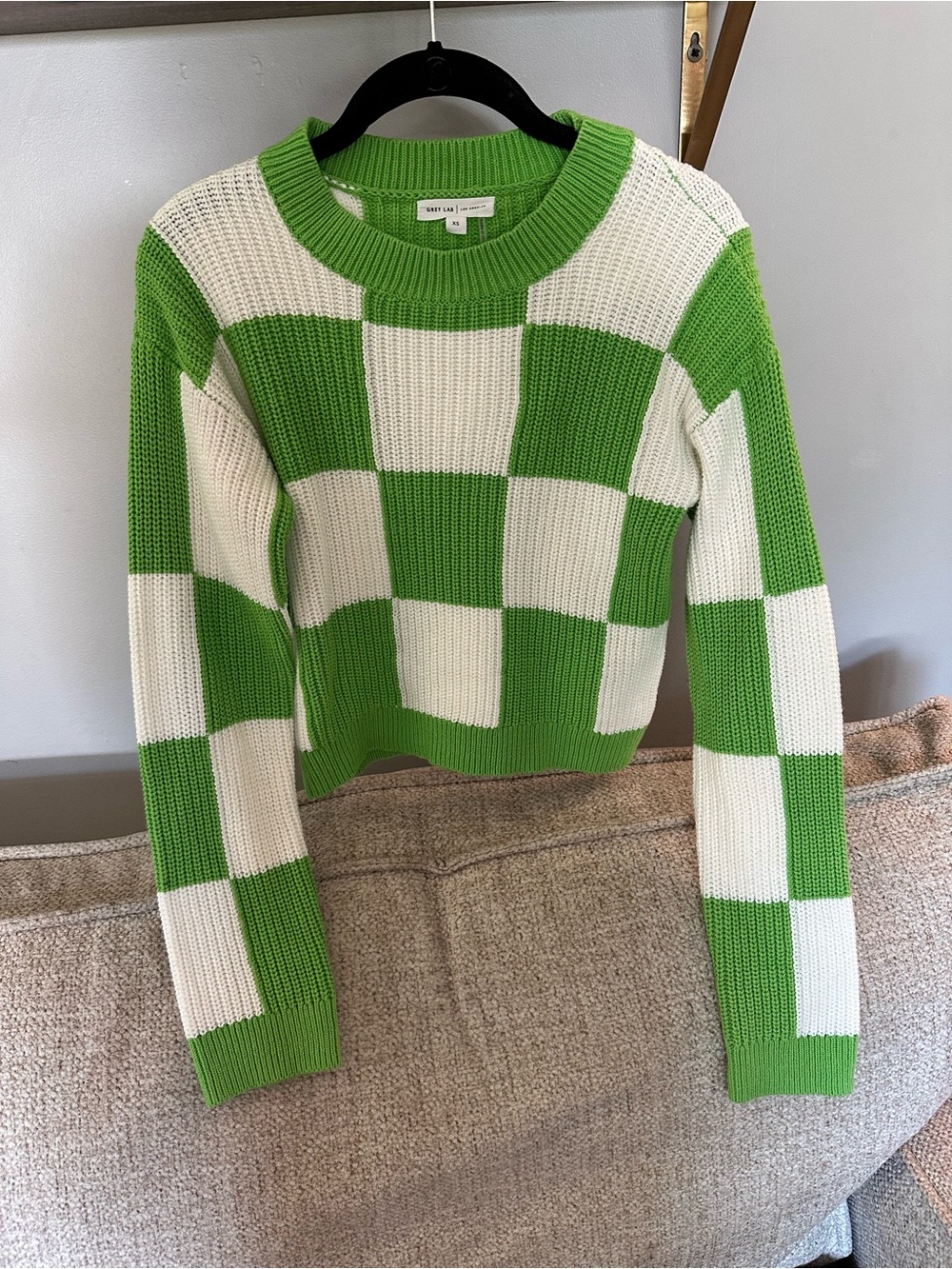 GREY LAB by Anthropologie Green and White Checkerboard Cropped Crewneck Sweater